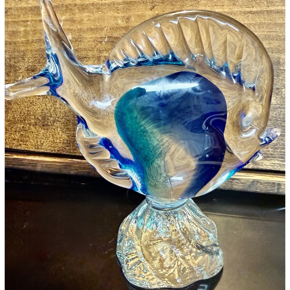 Art Glass Angel Fish Murano Style Hand Blown Blue Collectible Figurine VTG